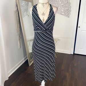 Lipstick Early 2000's Black White Striped Slinky Halter Midi Dress M